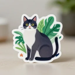 cat and tropical plant illustration vinyl sticker, one small vinyl sticker, sharp clear focus, high quality, studio lighting, trending on instagram, sigma 8 5 mm f / 1. 4