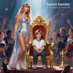 taylor swift standing next to young boy sitting in throne, cheerleader sacrificed to moloch in a ritual by brian k. vaughan and christian ward, polished, smooth, clean, digital painting