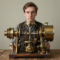 A random pointless contraption ((((steampunk)))) industrial appliance pneumatic machine with no apparent purpose, being operated by a scholarly looking man with a clear directed gaze, XF IQ4, f/1.4, ISO 200, 1/160s, 8K, RAW, unedited, symmetrical balance, in-frame