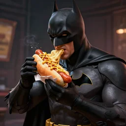 batman eating a hotdog,digital art,ultra detailed,realistic,art by greg rutkowski,unreal engine 5,ray tracing,rtx