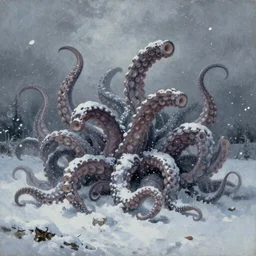 oil painting of a giant mass of tentacles emerging out of the snowstorm