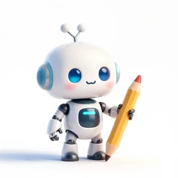 3 d render of a cute robot holding a pencil : : empty white background