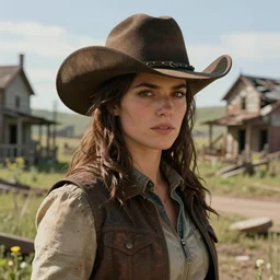 fallout 5, charismatic beautiful, rugged, brunette female protagonist wearing a cowboy - hat, portrait, outdoors ruined rural town, atmospheric lighting, painted, intricate, volumetric lighting, beautiful, spring, day, sunny weather, sharp focus, fresh, deep colours, ultra detailed, by leesha hannigan, ross tran, thierry doizon, kai carpenter, ignacio fernandez rios