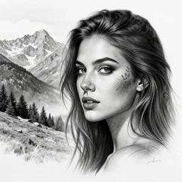 beautiful blend effect of beautiful mountain scenery with a beautiful woman face, tattoo design sketch, hyper - realistic, in the style of matteo pasqualin, amazing detail, black and white