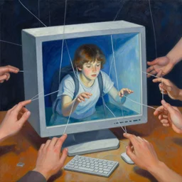 a painting of someone stuck inside a dream but they really stuck inside a giant computer, you can see hands on the outside pulling the strings, surrealist, colour