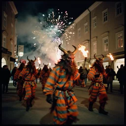 kodak portra 4 0 0, winter, hellfire, award winning dynamic photograph of a bunch of hazardous krampus by robert capas, in muted colours, striped orange and teal, motion blur, on a street in salzburg at night with colourful pyro fireworks and torches