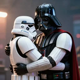 stormtrooper hugging darth vader ultra realistic, lens flare, atmosphere, glow, detailed, intricate, full of colour, cinematic lighting, trending on artstation, 4 k, hyperrealistic, focused, extreme details, unreal engine 5, cinematic, masterpiece, ultra realistic, hyper realistic, highly detailed, sharp focus, digital art