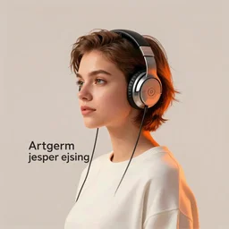 georgian girl looking to the left, wearing beats headphones. short brown hair, white jumper. lit from the right side, orange light. centered median photoshop filter cutout vector behance hd artgerm jesper ejsing!