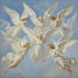 vision of angels - a painting of a group of angels flying in formation, their wings creating a beautiful pattern in the sky by qian xuan and austin briggs, style of glossy reflections