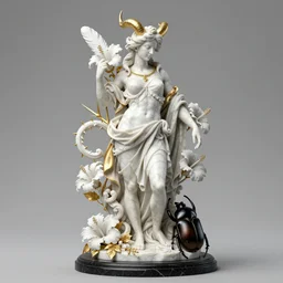 hollow, knight, feathers, horns, wide angle, italian masterpiece, Ashford Black Marble, sculpture, baroque, draped with white Hibiscus and vines and spines, white marble and gold, drapes, beetle, still life, Obsidian, portrait, render, octane, artstation, ultra detailed