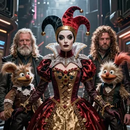 detailed ultrarealistic photography medium shot of fantasy jester queen addams family and furry muppet puppet cyberpunk postapocalyptic leyendecker, symmetric norman rockwell, ian miller, artstation cinematic, vray game of thrones, lord of the rings, star wars