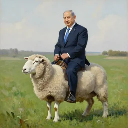 painting of benjamin netanyahu riding a sheep in a grassy field, by anton mauve