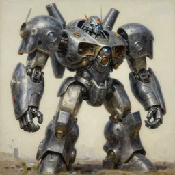 an intricate oil painting of a giant scrap metal anime combine harvester humanoid mecha with rounded components by simon stalenhag