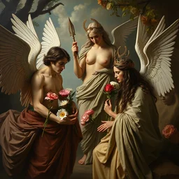 ares giving flowers to confused hades, angry aphrodite in the background, greek mythology, safe for work, oil reinassance painting by cornelis van poelenburgh and dosso dossi, ultra detailed, concept art, 8 k