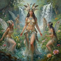 a detailed portrait beautiful divine tribal high priestess and water nymphs with feathers and crystals in a lush field of flowers, playing in waterfalls, wide painting by greg rutkowski and hr giger, zbrush, warrick mcleod, trending on artstation : 1 h 1 0 2 4