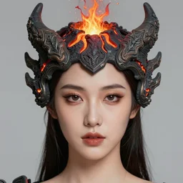 hyperrealistic detailed face portrait of the beautiful goddess of the volcanos with an intricate headdress of an erupting volcano, art by ernst haeckel, john william godward, android jones, alphonso mucha, h. r. giger, gothic - cyberpunk, ornamental, dimmed pastel colours,