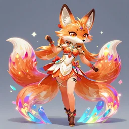 a colorful and vibrant and provenance beautiful human face fox lady, full foxbody un magic pose, official genshin impact character concept, anime, kawaii, full - body portrait, holographic undertones, highly saturated colors, by artgerm, professional character designer, trending on artstation, highly detailed, cgsociety