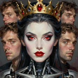 attractive i robot demon queen with crown and red eyes, painting by gaston bussiere, craig mullins, luis rollo, close - up portrait, digital painting, highly detailed, artstation, sharp focus, illustration, concept art, hd