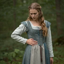 portrait of a beautiful young woman in medieval clothes, looking down at her feet with a confused expression, touching her waist with her hand, forest in the background, Zeiss 150mm f2.8 Hasselblad, award-winning photo