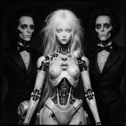 a half - human cyborg nymphette, portrait by tony diterlizzi and h. r giger, ilford hp 5, 5 5 mm, hyper realistic, hyper - mechanistic 3 d render by artgerm, unreal 5, gothcore, disturbia, joseph christian leyendecker, tim burton and beeple