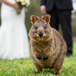 a happy quokka photobombing a wedding photo, award-winning photograph