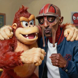 beautiful lifelike painting of mf doom and donkey kong bullying peter parker in highschool, hyperreal detailed facial features and uv lighting, art by ed roth and basil wolverton