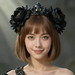 a young female mythical tribal warrior girl, with a light brown hair and bob haircut and sideswept bangs, wearing a crown of obsidian diamonds and black peonies, perfectly proportioned face, green eyes, sweet smile, strong jawline, natural lighting, path traced, god rays, highly detailed, high quality, digital painting, by new haicheng studio ghibli and riccardo federici and alphonse mucha and donato giancola, muted colors
