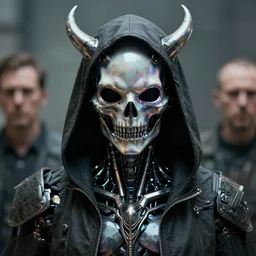 front shot of a cyberpunk hooded dead biomechanical demon in dichroic glass mask mastermind character, intricate, elegant, highly detailed, centered depth of field. blurred background, (((artstation, concept art, smooth, sharp focus, artgerm, Tomasz Alen Kopera, Peter Mohrbacher, donato giancola, Joseph Christian Leyendecker, WLOP, Boris Vallejo))), mugshot!!!!!, ugly!!!!!!, octane render, nvidia raytracing demo, grainy, muted
