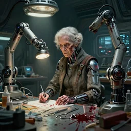 an environmental concept art of an elderly woman cyberneticist in a messy workshop by artgerm and greg rutkowski, surgical implements, surgery theatre, robotic arm, blood spatter, highly detailed, cinematic, dramatic, cyberpunk, dieselpunk, scifi space station, horror, ( bladerunner 2 0 4 9, cyberpunk 2 0 7 7 )