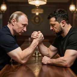 vladimir putin and vladimir zelensky arm wrestling in a bar, highly detailed, digital art