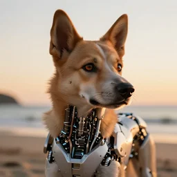 a closeup photorealistic photograph of a cyborg japanese spitz on the beach at sunset. part dog part machine, pipes and wires glowing eyes. this 4 k hd image is trending on artstation, featured on behance, well - rendered, extra crisp, features intricate detail and the style of unreal engine. golden hour