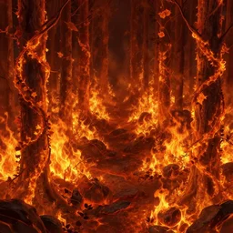 A flaming forest , flaming leaves,Magma,flame stones are scattered,  flame shrubs, covered in flame porcelain vine, artstation,by  Jakub Rozalski, Greg Rutkowski,anthony avon