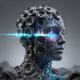 a highly detailed vfx landscape of recursive speakers forming a 3 d head. 🔊 head. amplitude and frequency wave visualisation. bioluminescent metamorphic synaesthesia. xenofractal. ornate, hyperrealistic, octane render, chiaroscuro, inspired by greg rutkowski, android jones, beeple, shaun tan, frostbite 3 rendered