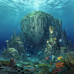 An illustration of an underwater seascape, digital art, massive scale, detailed, Ghibli Studio, Dan Mumford