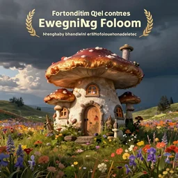 Fantasy mushroom cottage on a colorful meadow