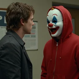 grainy film still of niko bellic and a man wearing a red hoodie and a plastic clown mask from the dark knight returns's bank robbery scene, photorealistic