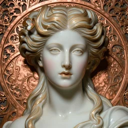 face centered portrait, artwork by james jean, hyperdetailed realistic smooth polished porcelain, beautiful atlantean queen, jean delville, art nouveau, gustav klimt, ornate copper patina gothic icon, james jean, ultrasharp hyperdetailed photorealistic octane render