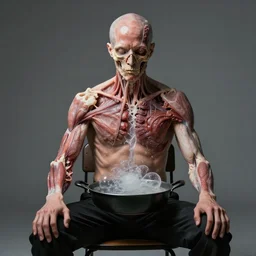 a perfect photograph of a man sitting on a chair. his head is peeled, his arms are broken into a fractal cloud of skin, bone and muscle. the man is subject to a skin squid graft and is bubbling like a boiling pan. perfect focus, studio lighting, award winning