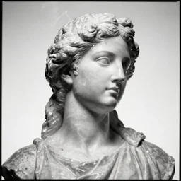 analog photograph portrait of a marble statue, heavy film grain, smoke, sparkles, 8k, sheen, gloss, greyscale, white background, high contrast