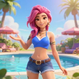 pool party Caitlyn enjoying the Californian sun (League of Legends). 3d octane render 4k