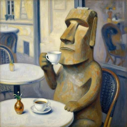 a moai statue drinking tea at a parisian cafe, impressionist painting, moai, museum