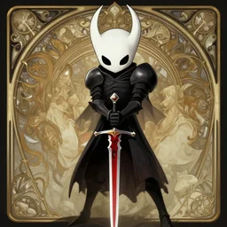 film still hollow knight, hollow knight holding sword, red blood on sword, fantasy, intricate, elegant, highly detailed, digital painting, artstation, concept art, matte, sharp focus, illustration, hearthstone, art by artgerm and greg rutkowski and alphonse mucha