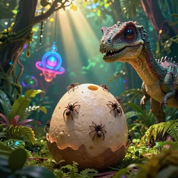 little spiders on large dinosaur egg, alien dinosaur close - up, lush rainbow jungle, sun beams, glowing alien artifact, les edwards, zdzislaw beksinski, carl gustav carus, john harris, michal karcz, zhang kechun, mikko lagerstedt, scott listfield, steven outram, jessica rossier