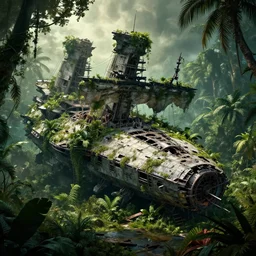 massive spaceship wreck partly overgrown crashed on jungle clearing, dramatic lighting, cinematic, establishing shot, extremly high detail, foto realistic, pirates of the carribean, cinematic lighting, post processed, concept art, artstation, matte painting, style by eddie mendoza, raphael lacoste, alex ross