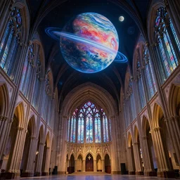 large rectangular gothic hall with a large planet on the ceiling, cyberspace, moonlight, art station, detailed, colorful, symmetrical
