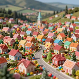 tilt - shift photograph of a village made of candy, whimsical, joyful, colorful, vibrant,
