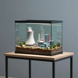 a large terrarium with a diorama of a nuclear power station inside on top of a minimalist table, lit from the side