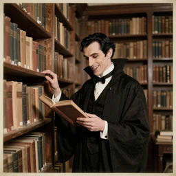 dracula as a librarian vampire happily looking through books in a giant library, vintage photograph