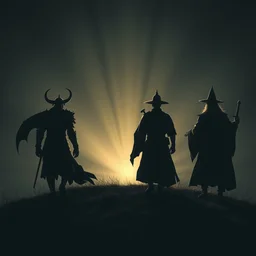 a demon a knight a samurai and a wizard walking away from the camera over a hill, from a distance, depth of field, perspective, backlight, rays of shimmering light, visual novel, tones of black, low contrast color, high contrast light