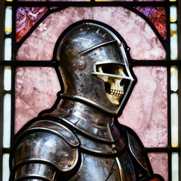 side - view portrait of a knight, helmet with spikes on top, visor in the style of a human cranium skull, tenth century stained glass window, very masterful